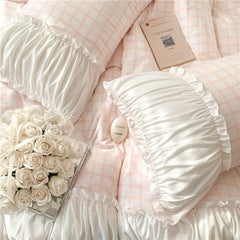 Yickyue Korean Style Princess Bedding Set Luxury Pink Lattice Duvet Cover Ruffles Lace Bedspread Bed Sheet Pillowcases