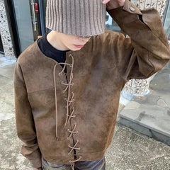 Hearujoy Vintage Heavy Weight PU Leather Jacket For Men Spring And Autumn Double Breasted Drawstring Long Sleeve Tops Outdoor Loose Coat
