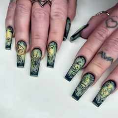 YICKYUE - 24pcs Halloween Green Frosted Fake Nails Long Coffin Pumpkin Ghost False Nails Gradient Ballet Nail With Adhesive Press On Nails