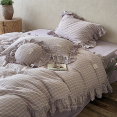 YICKYUE - French Ruffled Purple Gingham Cotton Gauze Bedding Set – 4-Piece Korean Fresh Style