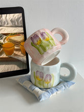 YICKYUE - Korean Style Fresh Ins Tulip Flower Ceramic Cup Underglaze Color Craft Coffee Mug with Spoon Milk Cup Simple Hand Gift Cup