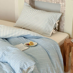 YICKYUE - INS Korean Minimalist Stripe Cotton Bedding Set – Nordic Style with Bow Tie Detail | 4 Pieces
