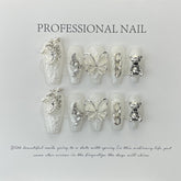 Yickyue 10Pcs Set White Butterfly Handmade Press On Nails Long Ballet Decoration Pearl False Nails Wearable Manicure Fake Nails Tips Art