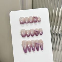 YICKYUE - 10pcs Handmade Purples French Press on Nails Sweet Korean Bow Fake Nails Full Cover Wearable Glitter Cat Eye False Nail Tips