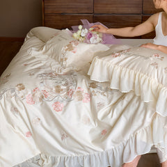 Yickyue - Romantic 100s Pure Cotton Flower Embroidery White Bedding 4 Pcs Set