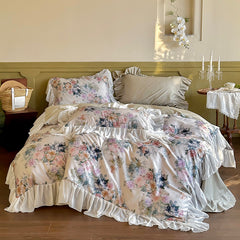 YICKYUE - 1000TC Egyptian Cotton Vintage French Flowers Lace Ruffles Princess Bedding Duvet Cover Set Fitted Sheet Or Bed Sheet Pillowcase