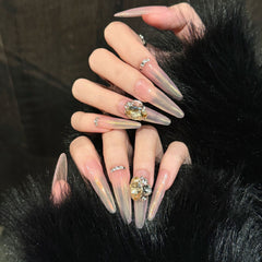 YICKYUE - Handmade Nude Pink Aurora Gradient Press on Nails with Large Crystal Design Fake Nails Long Oval Head Fashion False Nail Patches
