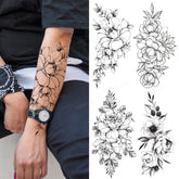 YICKYUE - Fashion Waterproof Fake Tattoo Sticker Various Easy To Use Temporary Tattoos Black And White Sketch Flowers Tattoo Body Art