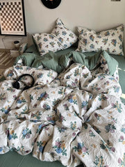 YICKYUE - Korean Style Ins Retro Fresh Floral Washed Cotton Bed Four Piece Duvet Set, Student Dormitory Bed Sheet Three Piece Set
