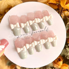 Yickyue Removable Milk Green French Style Bow False Nail Patch Handmade Wearable Nail Art Nail 10 Piece Finished Set Nail Accessories