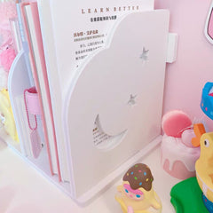 High Capacity Creative Wooden Moon Star Bookends Book Support Stand Desk Organizer Pink Storage Holder Shelf Girl Gift