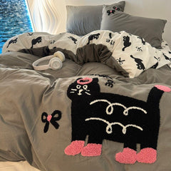 YICKYUE - Cartoon Embroidered Cat Bedding Set Four Piece Set Washable Cotton Sleep Naked Beds Sheet Duvet Cover Student Three Piece Set