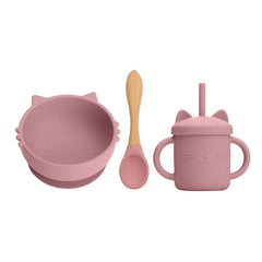 Food Grade Baby Feeding Bowl Sippy Cup Set Non-slip Children's Suction Bowl Wooden Handle Silicone Spoon Kids Training Tableware