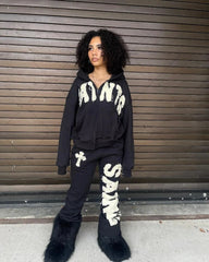 Hearujoy 90s Streetwear Y2k American Colorful Fashionable Wide-leg Pants Letter Embroidered Knitted Pants Men Retro Casual Oversized Trousers Women