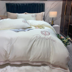 Luxury Satin Silky Embroidery Bedding Set Soft Smooth Double Duvet Cover Set Bed Linen Fitted Sheet Pillowcases Home Textiles