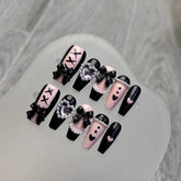 YICKYUE - 10pcs Handmade Y2k black Press On Nails Pink Heart Design Reusable Fake Nails Artificial Manicure Wearable False Nails For Girls