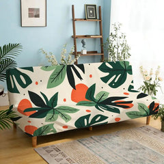 Flat print stretch sofa bed armless sofa cover green plant pattern on beige background