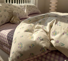 YICKYUE - Romantic rabbit floral purple plaid bedding set kid,twin full queen kawaii cotton home textile bed sheet pillow case quilt cover