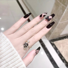 24PCS Black Press On Nails Cute Black Bow Design Fake Nails Full Coverage Nail Free Shipping Nails Set Press On With Glue