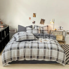 YICKYUE - Plaid Print Duvet Cover Sets 3 Piece, Japanese Bedding Set for Adult Teenagers Grey Geometric Grid Comforter Covers Home Decor