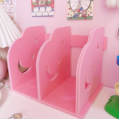 High Capacity Creative Wooden Moon Star Bookends Book Support Stand Desk Organizer Pink Storage Holder Shelf Girl Gift