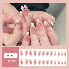 YICKYUE - 24pcs French Almond Fake Nail Sweet Pink White Gradient False Nail Tips for Lady Women Wearable Ins Simple Korean Press on Nails