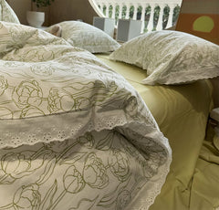 YICKYUE - Fashion pastoral flower green tulip lace beding set,twin full queen lovely cotton home textile bed sheet pillow case quilt cover