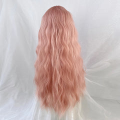 YICKYUE - Synthetic Long Wavy Curly Pink Wig with Bangs Lolita Cosplay Women Fluffy Hair Heat Resistant Wig for Daily Party