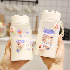 400ml Cute Boba Tea Bear Water Bottle With 3D Sticker Transparent Plastic BPA Free Frosted Travel Drink Cup With Portable Rope