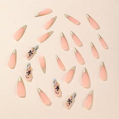 YICKYUE - 24pcs Summer Beach False Nails Shiny Gold Powder Design French Press on Nails Full Cover Wearable Long Pointed Fake Nail Patches