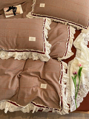 Yickyue Korean Princess Pure Cotton Yarn Bedding Set with Lace Edge Winter Thickened Warm Plaid Ruffled Edge Duvet Cover Sets Soft 4pcs