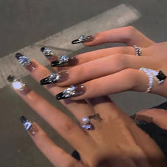 YICKYUE - 24pcs Long Ballet Coffin Wearable Dark Black Star French False Nails Full Cover Rhinestones Fake Nails Set Press On Nail Tips