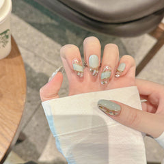 YICKYUE - 10pcs Handmade Press on Nails Mint Green Almond Gold Edge Fake Nails With Sequin Shiny False Nail Tips Wearable Nail