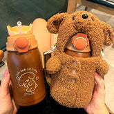 Yickyue Kawaii 450ml Stainless Steel Kids Thermos Water Bottle With Straw Cute Plush Cup Cover Baby Student Thermal Water Cup Girl Gifts
