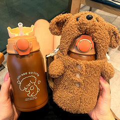 Yickyue Kawaii 450ml Stainless Steel Kids Thermos Water Bottle With Straw Cute Plush Cup Cover Baby Student Thermal Water Cup Girl Gifts
