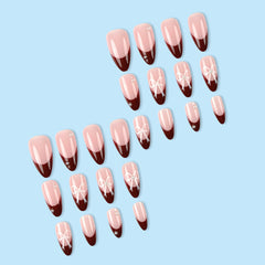 YICKYUE - 24pcs Red French Fake Nails with White Bow Decor Sweet Girls False Nail Tips Wearable Full Cover Ins Simple Almond Press on Nail