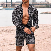 Hearujoy Summer Newest Men 2 Piece Suit Clothing Long-sleeved Printed Shirts Top With Casual Shorts Fashion Male Beach Wear Loose Outfit