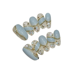 YICKYUE - 10pcs Handmade Press on Nails Mint Green Almond Gold Edge Fake Nails With Sequin Shiny False Nail Tips Wearable Nail