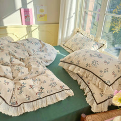 Yickyue Floral Print Pure Cotton Home Bedding Set Lace Edge Duvet Cover Set With Flat Sheet Vintage Rose Comforter Covers Pillowcases