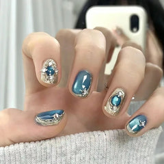 YICKYUE - 10Pcs Square Head Press On Nails Blue Cat Eye Handmade Fake Nails Shiny Gold Edge Artificial Art Manicure Full Cover Nail Tips