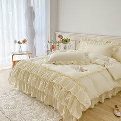 Yickyue Bed Linen Elegant Bedding Sets Luxury Princess Cotton Ruffle Duvet Cover Set Bed Skirt and Pillowcases Comforter Bedding Sets