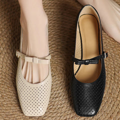 YICKYUE - Plus size 34-41 women's hollow-out sheepskin sweet bowtie metal buckle slip-on pumps 4cm thick med heel elegant ladies heels hot
