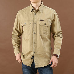 Hearujoy Vintage Men's 100% Cotton Shirt Safari Style Multi-pocket Lapel Top Spring Autumn Long Sleeve Youth Loose Shirts Plus Size M-6XL