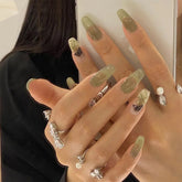 24Pcs Green Butterfly Long Coffin False Nails Wearable Ballerina Fake Nails Full Cover Nail Tips Press on With Wearing Tools
