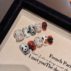 YICKYUE - 10pcs Halloween Press on Nails Short Square Pumpkins Skeletons Fake Nails with Glue Cute Funny False Nails Full Cover Nail Tips