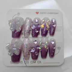 YICKYUE - 10Pcs Purple Handmade Press On Nails Flower Rhinestones False Nails Ballerina Wearable Decoration Full Cover Nail Tips Art
