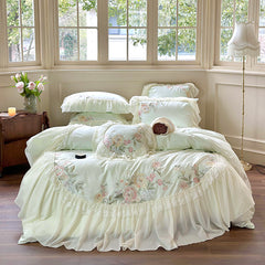 YICKYUE - Princess Chiffon Lace Bedding Sets Luxury Green Egyptian Cotton Flowers Embroidery Duvet Cover Bed Sheet Pillowcases 2024 New