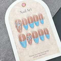 YICKYUE - 10Pcs Handmade Blue Fake Nails with Hand-painted Bow Designs Mid-length Almond Press on False Nails French Full Cover Nail Tips