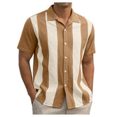 Hearujoy Summer American Vintage Contrast Stripe Patchwork Shirts For Men Short Sleeve Cuban Collar Casual Loose Tops Clothing