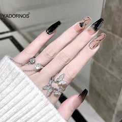 Press On Manicure Black Rose False Nails French Long Press On Nails Elegant Fingernail Stickers Removable Save Time Jelly Gel